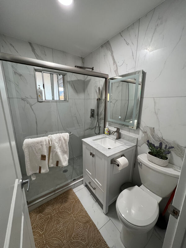Modern and stylish bathroom designed by AtoZ Construction, featuring sleek fixtures, contemporary tiling, and a luxurious bathtub.Picture
